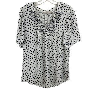 Polka Dot Blouse By Loft Size M Short Sleeve Smocked White/Black
